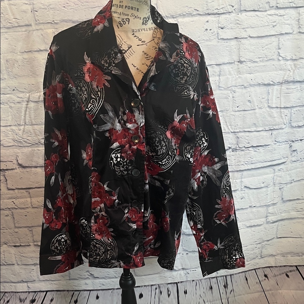 Chico’s Blazer Jacket Button Down Cotton Floral Print Medallions Chicos 3 XL